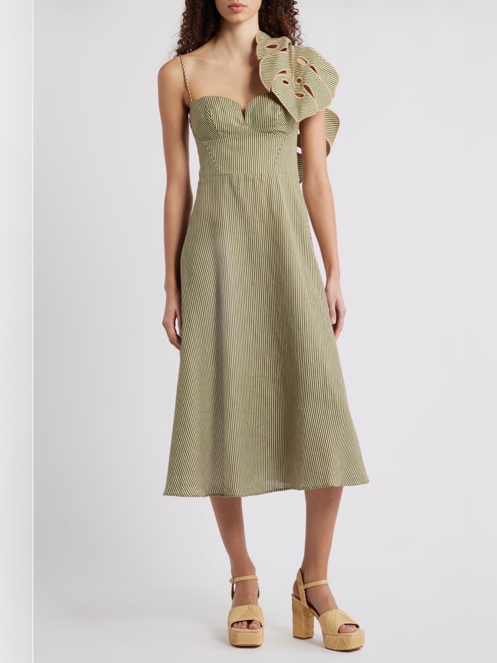 FARM Rio Stripe Monstera Leaf sleeveless 100 % Linen Midi dress